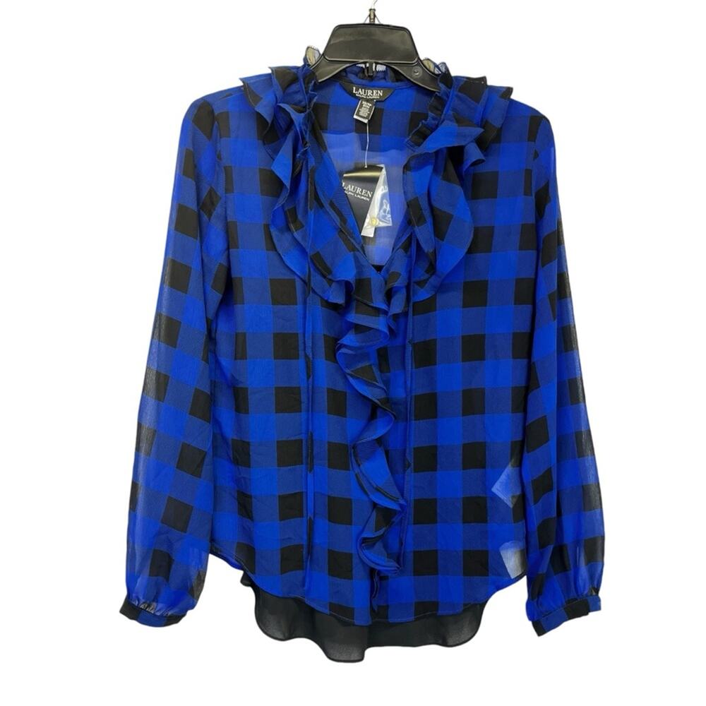 Lauren Ralph Lauren Buffalo Check Ruffled Georgette blouse blue black - XS - Picture 3 of 12